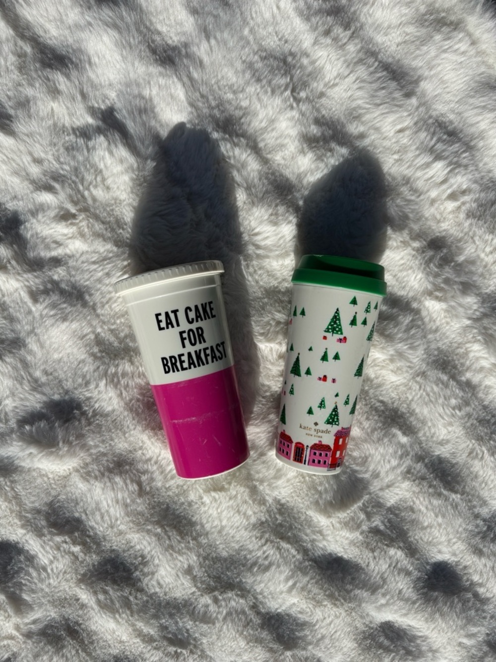 Pair of Kate spade cups. Eat cake for breakfast. Christmas coffee travel mug.
